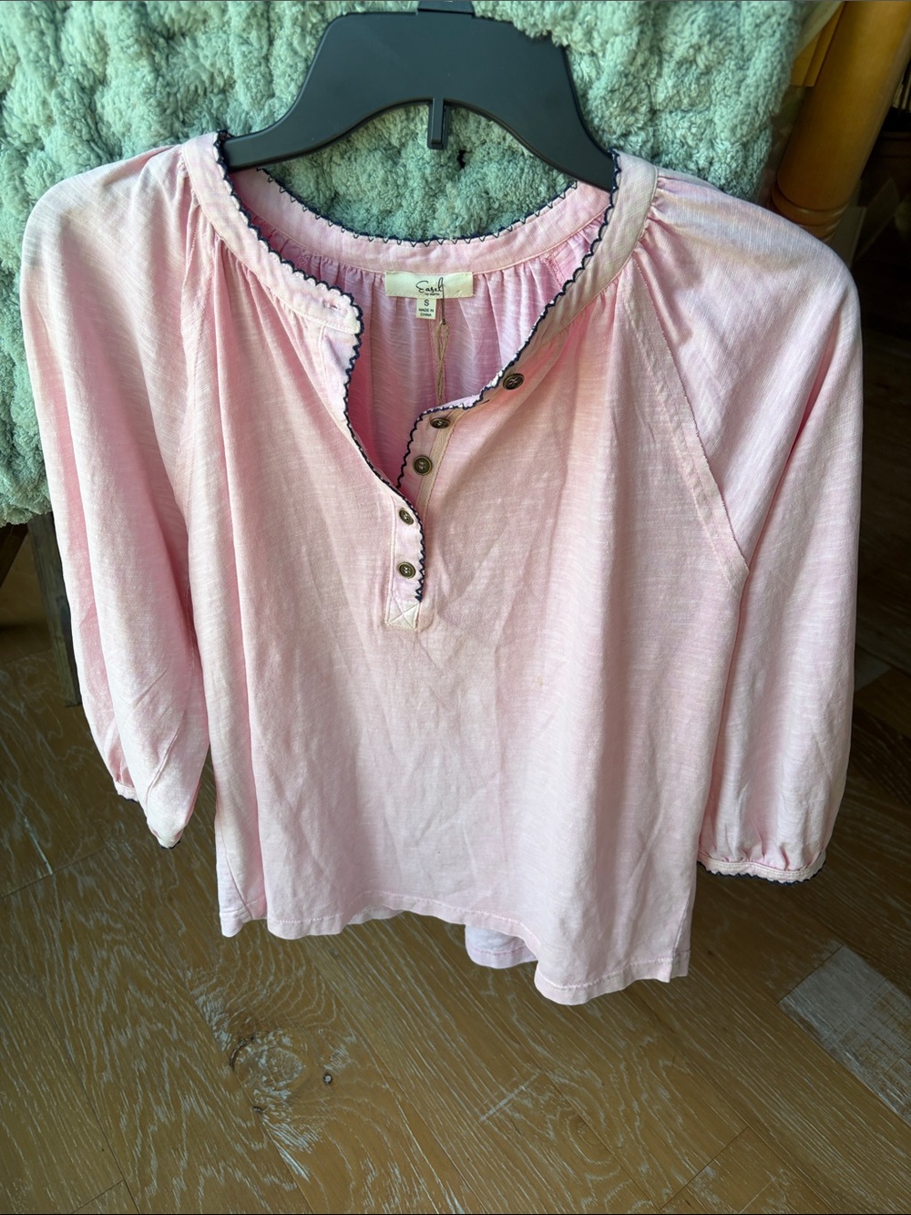 Easel Light Pink Peasant Blouse with Contrast Trim. NWT size S